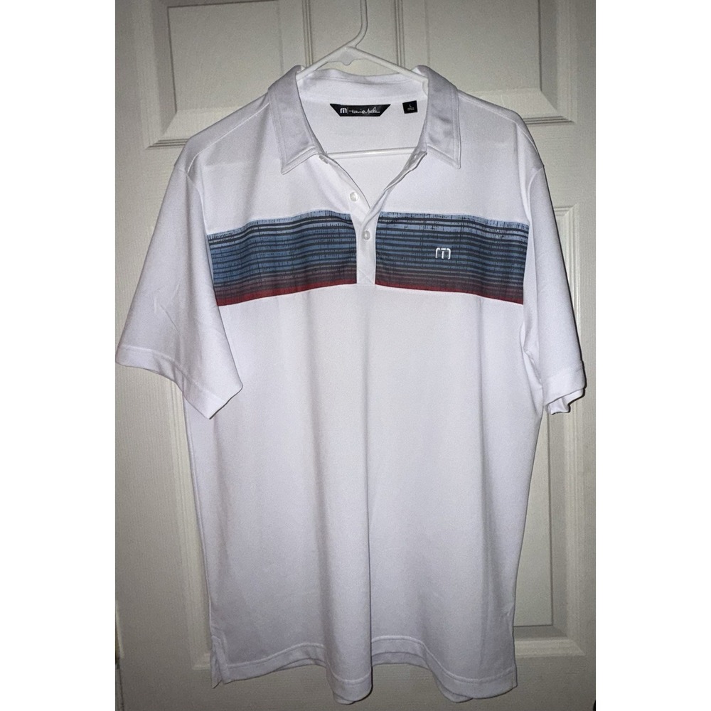 Travis Mathew Wind Test Golf Polo mens l shirt white with stripes